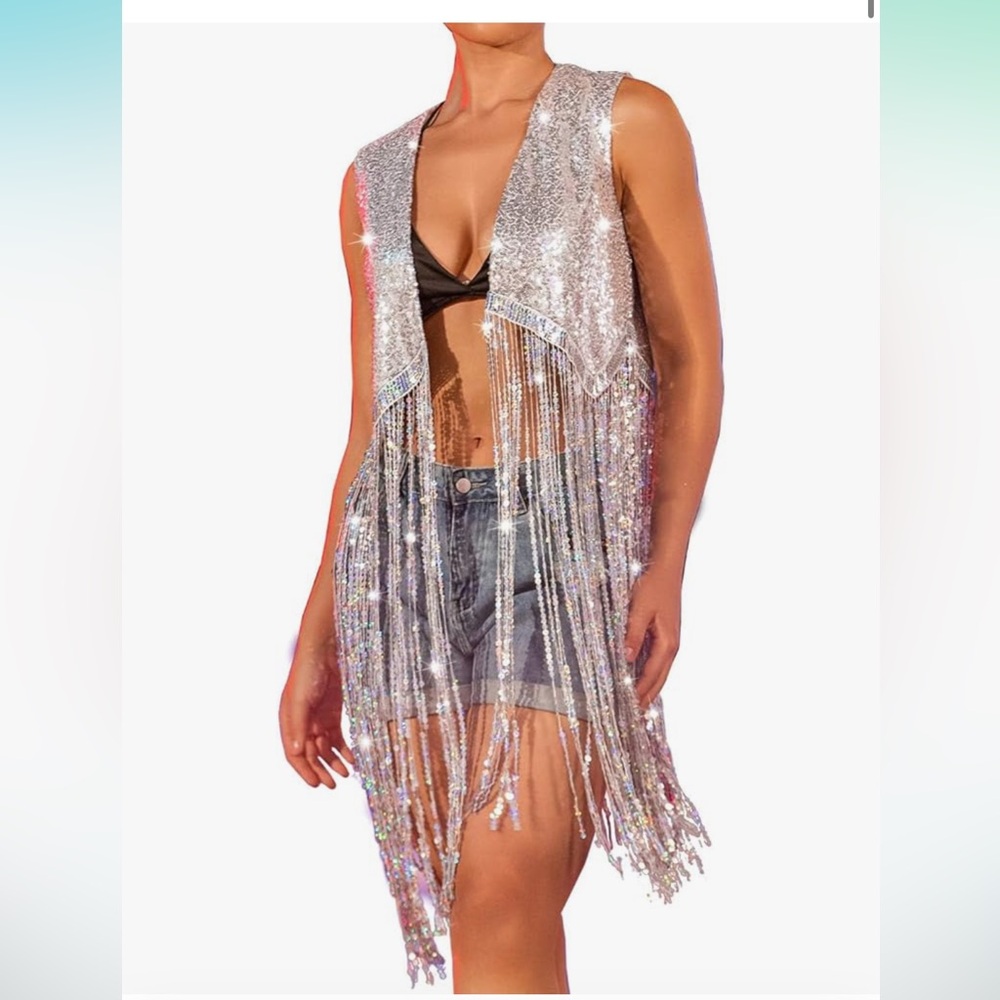 Silver sequins long fringe lined vest